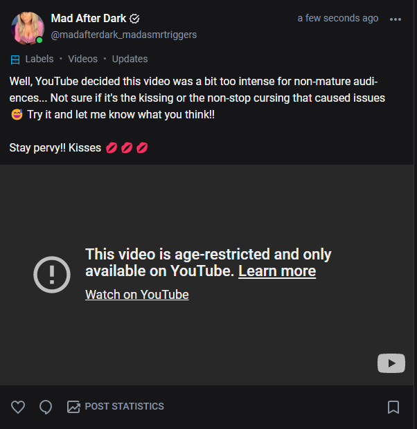 The OF embedded YouTube of my last #cursing #ASMR video cannot be played cuz it's 18+.... 🤔kinda funny<a href="/tag/cursing"class="tags">#cursing</a><a href="/tag/asmr"class="tags">#ASMR</a>
