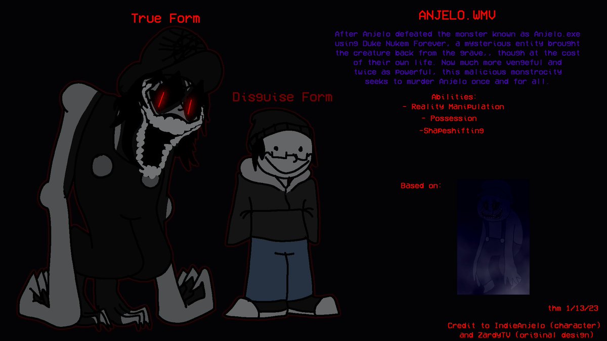 shadowkingva's tweet photo. Wanted to share this design for a revamped version of Anjelo.exe (which I named ANJELO.WMV), since despite being a parody of Sonic.exe, I thought the original design had potential. Enjoy! #indieanjelo #anjeloexe #redraw #sonicexe #exeparody #art #digitalart #anjelo https://t.co/MgIHUcvxl5