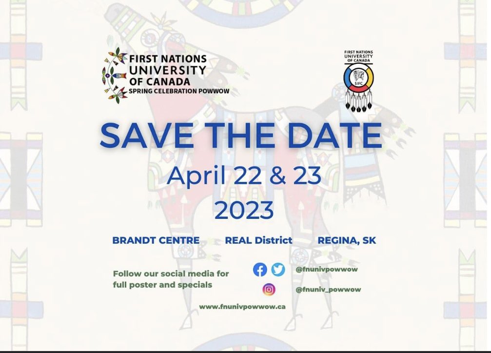 fnunivpowwow's tweet photo. SAVE THE DATE! @fnunivpowwow taking place on April 22-23! See you there! @FNUNIVCAN @FNUnivAlumni #treaty4 #yqr #powwowtime https://t.co/AiPTslxAbI