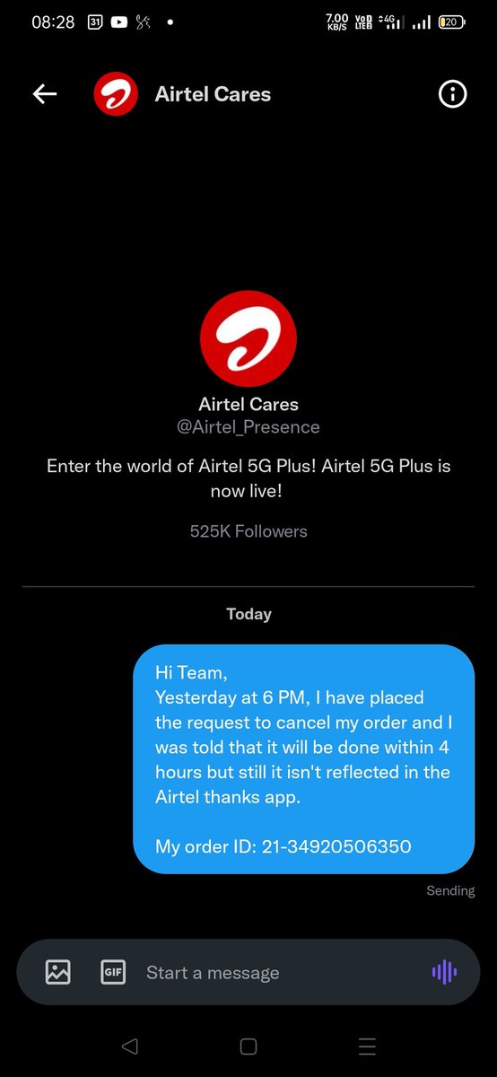 Hi Airtel team, I'm not able to DM customer care team.

The message is still in sending status.

<a href="/Airtel_Presence/">Airtel Cares</a> <a href="/airtelindia/">airtel India</a>