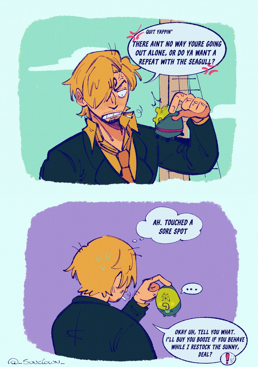 _sunclown_'s tweet photo. Opgotchi: Zoro (and Sanji) visit an island (1/2) https://t.co/8AWCWcy4sM
