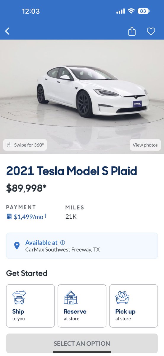 LukeMiani's tweet photo. You can get a Model S Plaid from CarMax for under 90K now lol https://t.co/6QMu6nvKgc