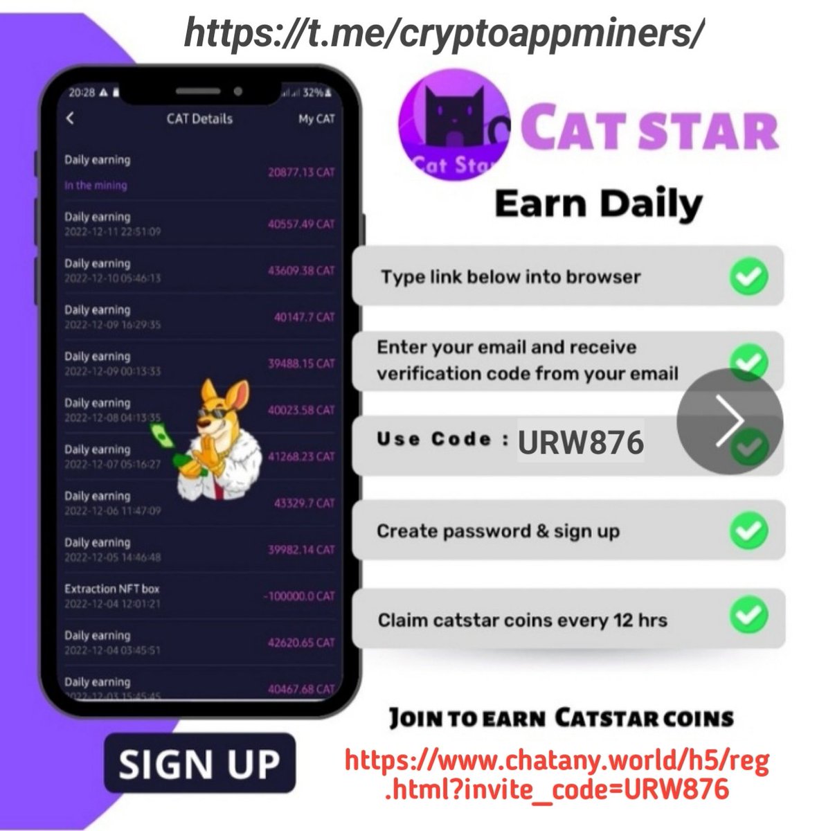 ‼️DON'T MISS #NFT MINING ⛏ PROJECT🔥

🔻Join #CatStar:👇
chatany.world/h5/reg.html?in…
🔻Register With Email
🔻Download Apps Now
🔻Submit Email verification code  
🔻Mining Start Done
🔻 Mine every 12hrs and every day.

📌 Know More-👇
t.me/cryptoappminer…