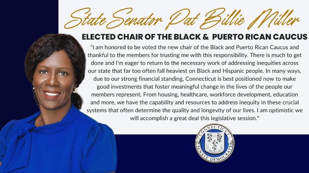 I am honored to be voted the new chair of the CT Black and Puerto Rican Caucus and thankful to the members for trusting me with this responsibility. I'm eager to get to work with my colleagues to address inequities in our state and look forward to all we'll accomplish together.