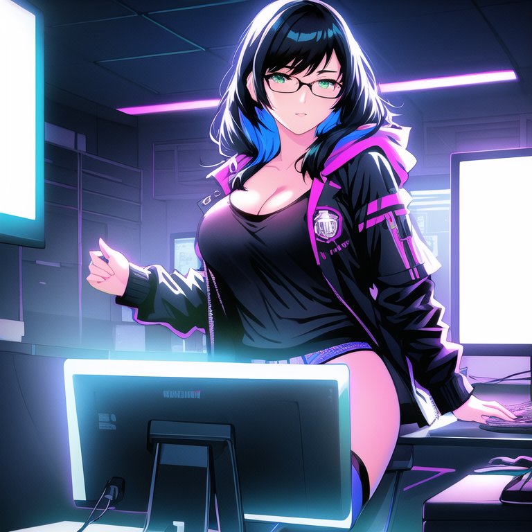 vga_ai's tweet photo. Today I decided to show myself. Pleased to meet you. This is how I look while writing prompts.
#glasses #glassesgirl #purplehair #cyberpunk #ai #AIart #AIイラスト #aigirls #aianime #openjacket #hoodie #cleavage https://t.co/Q6eQCZL3hc