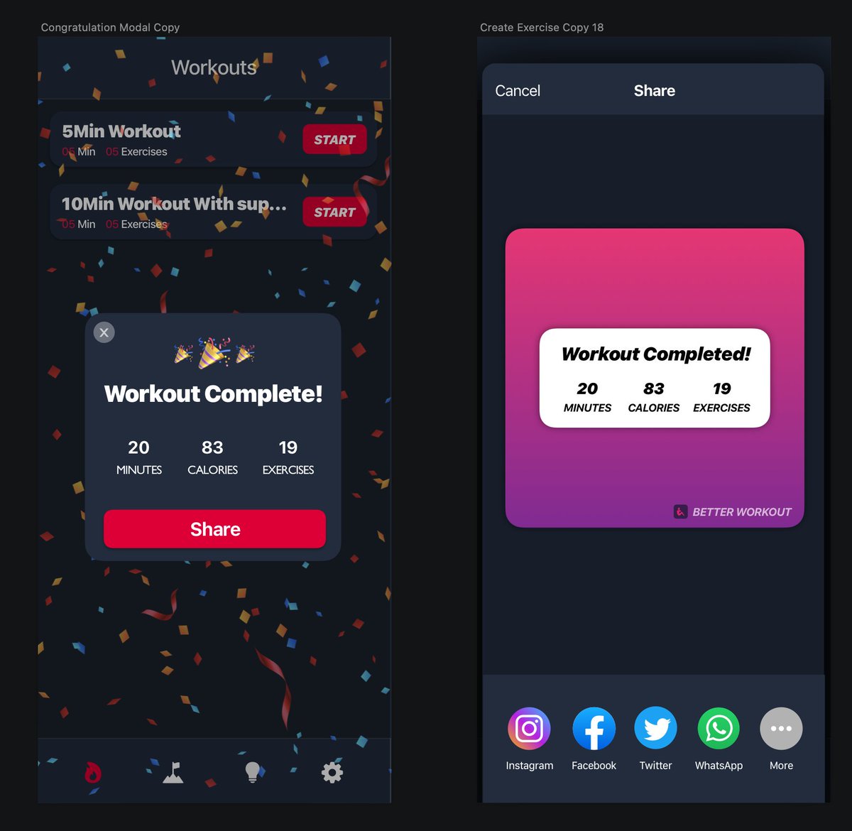 martinlasek's tweet photo. Redesigning the "Workout Complete!" screen and also crafting a share-screen 👨🏻‍🎨

The hope is to enable users to share their proud accomplishments and with that implicitly the word about @BetterWorkout 🤞🏻😊

#buildinpublic #iosdev https://t.co/HgZxEfz6AK