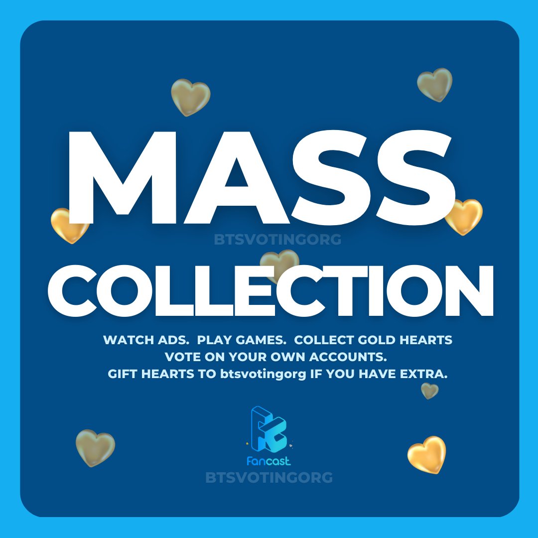 01Btsxarmy1's tweet image. [SMA MASS COLLECTION]

ARMY, we challenge you to collect minimum of 5K gold hearts today! Do your best until the end. Focus on collection and wait for our mass voting. ⚔️

🎁: btsvotingorg 
❓️: bit.ly/AVT_SMA2022
💡: bit.ly/BVO_FANCAST
🎟️: bit.ly/BVO_ICoupons