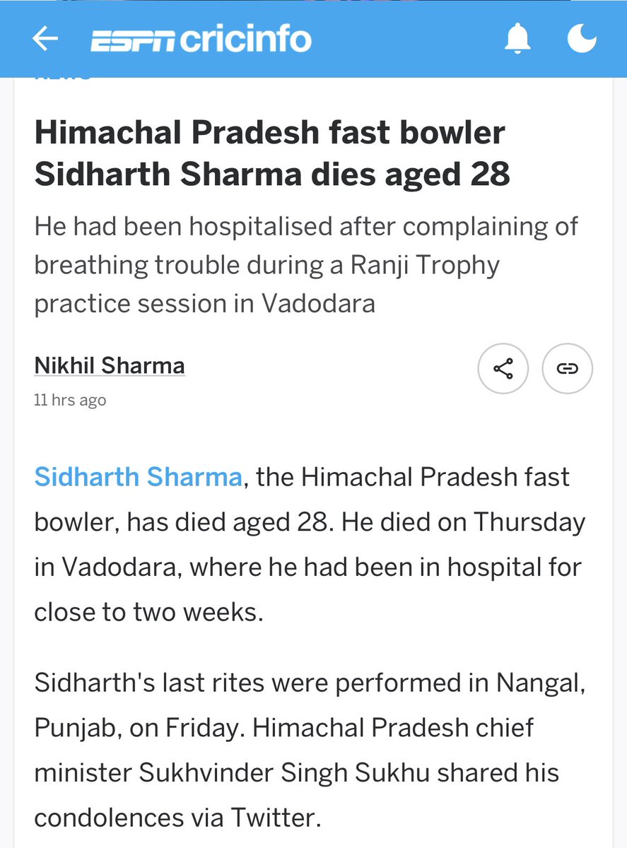 ashwinravi99's tweet photo. This is scary. Hope every state association will have periodic health check ups for players across age groups. There is so much cricket happening and most of the cricketers find themselves on the road through the year. My thoughts are with Siddharth’s family🙏 https://t.co/FXfd84SnSW