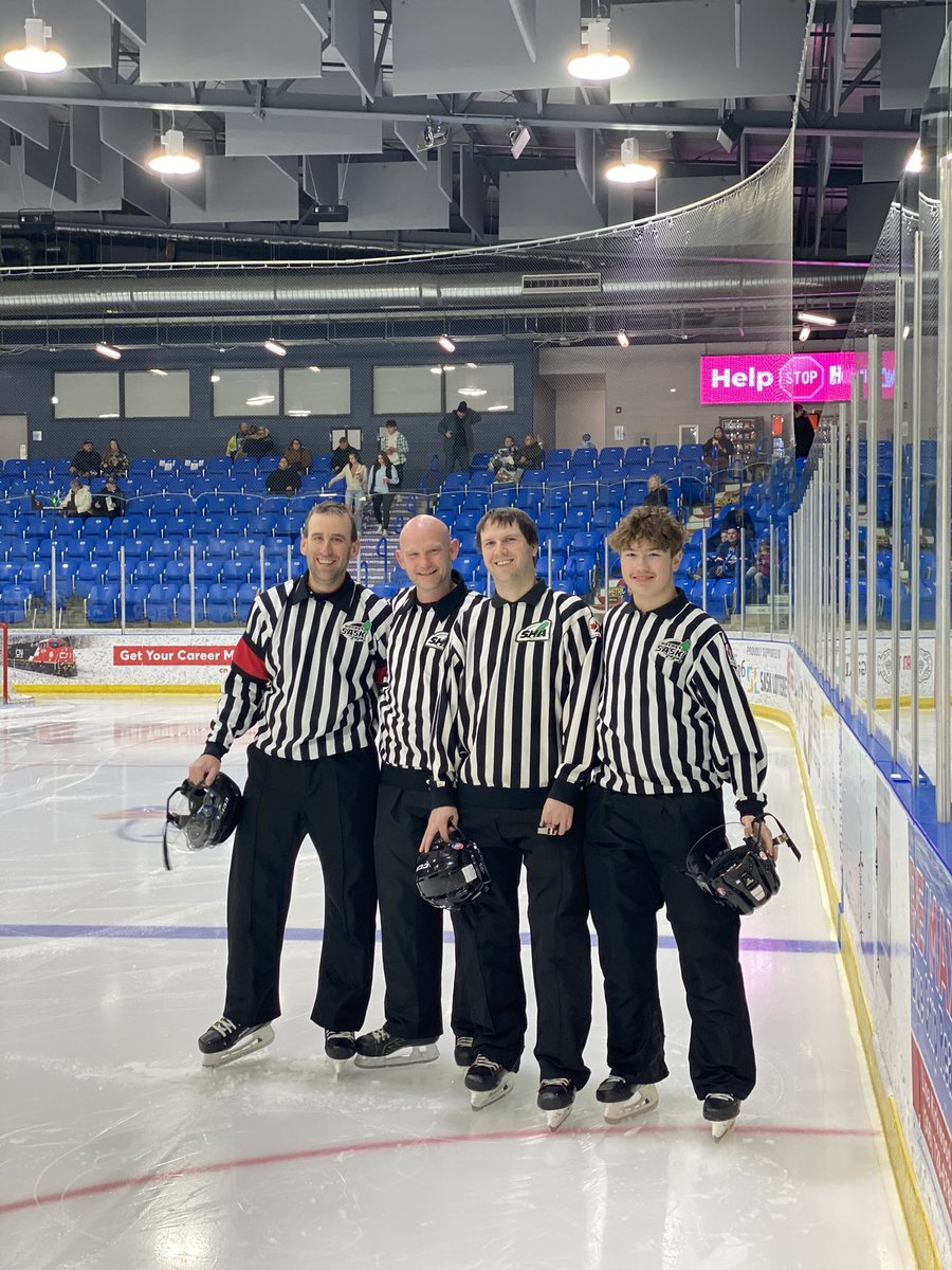 Our officials for the U18AA Melville vs Yorkton game at the HCUC #ThanksStripes @hockeysask @HockeySask_ODP