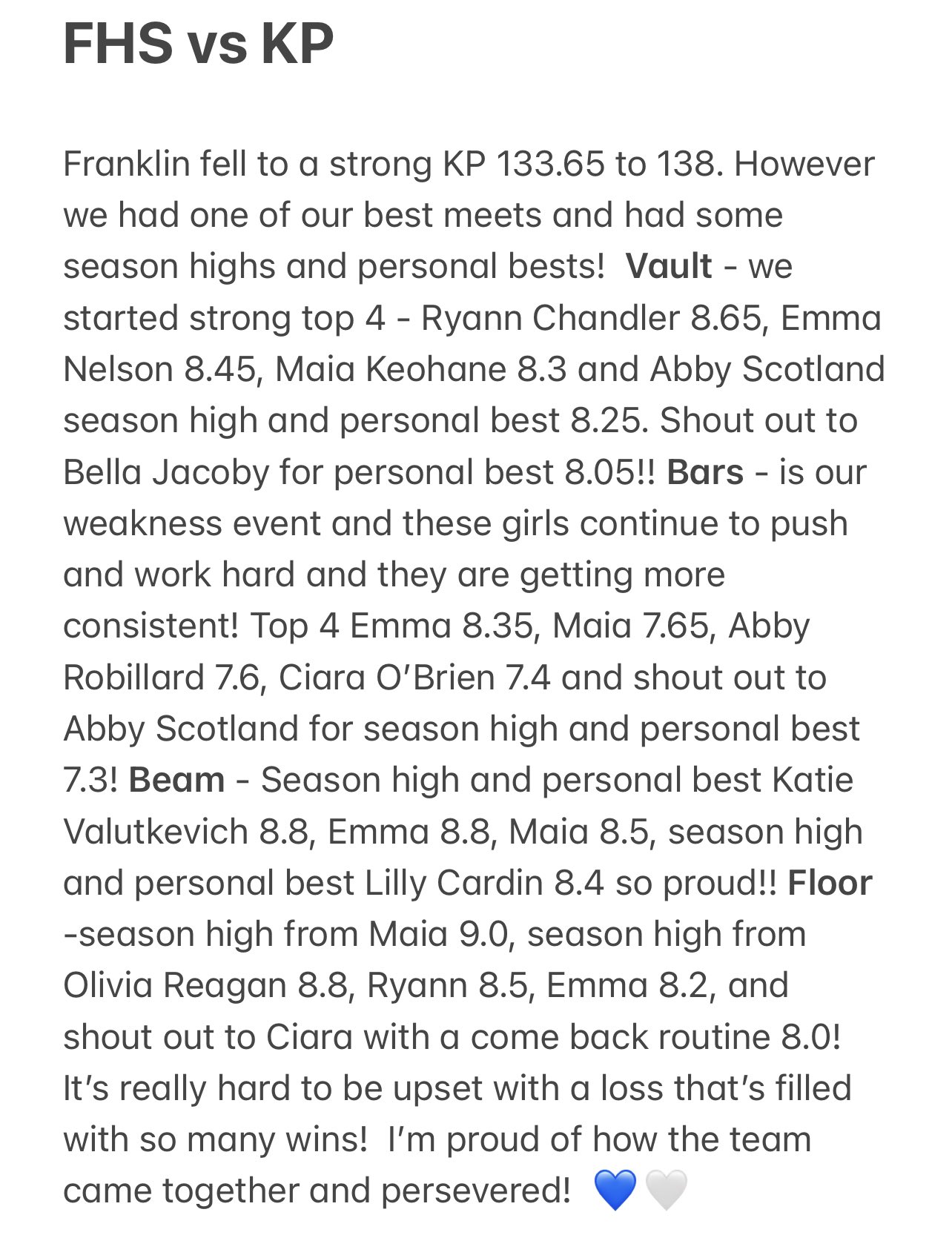 FHS Gymnastics on Twitter "FHS fell short 133.65, to KP’s 138 but I’m