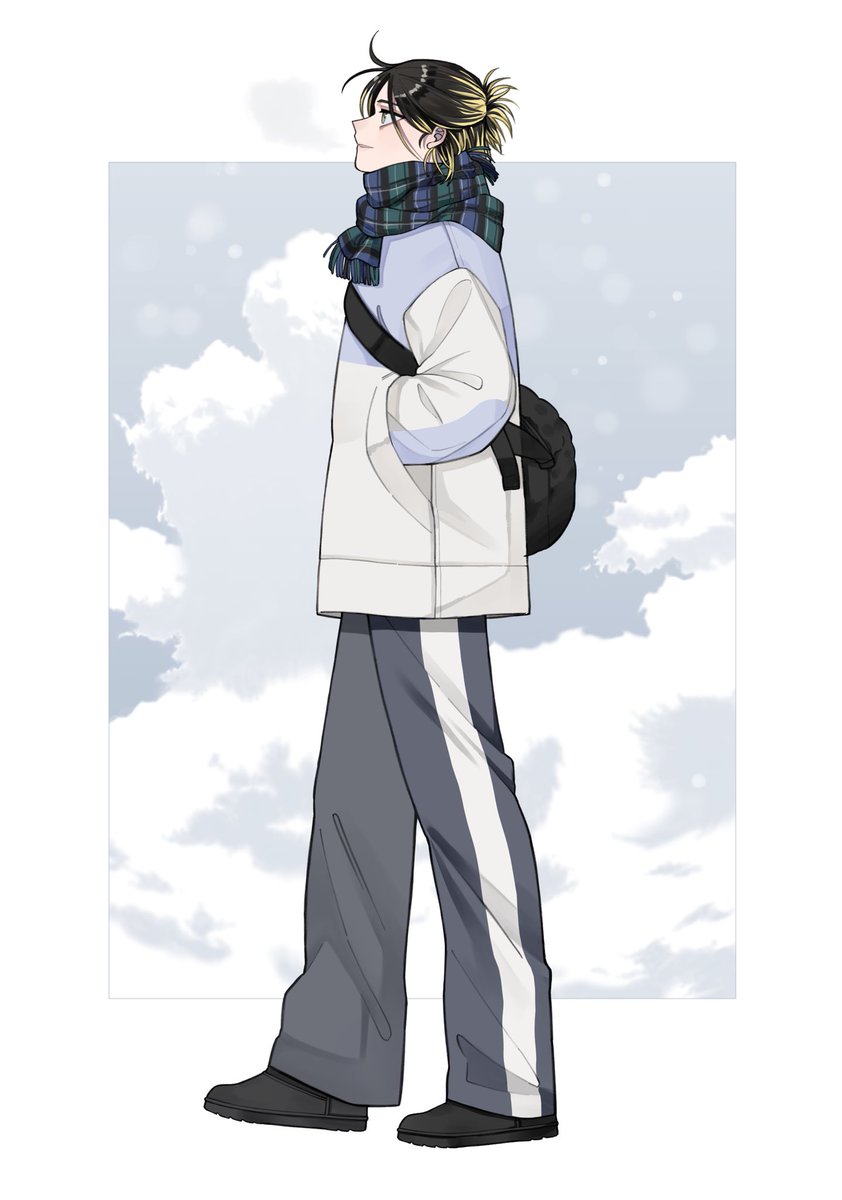 1boy solo male focus pants scarf black hair plaid scarf  illustration images