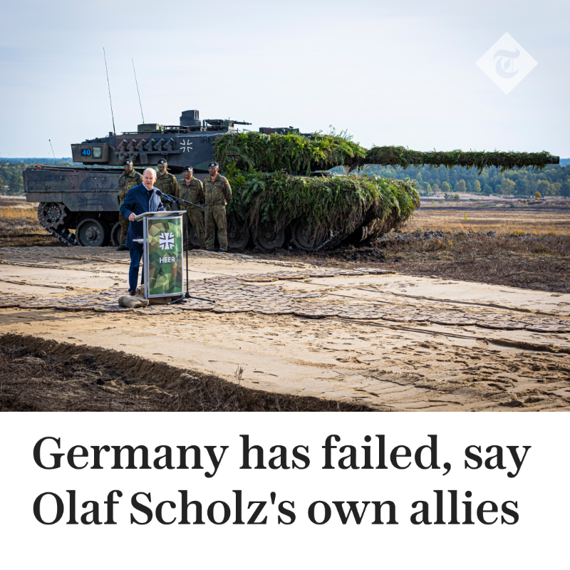 Telegraph's tweet photo. 🇩🇪 Germany failed a historic test when it refused to send Ukraine battle tanks at a weapons-pledging conference, Olaf Scholz was told on Saturday.

Read more here ⬇️