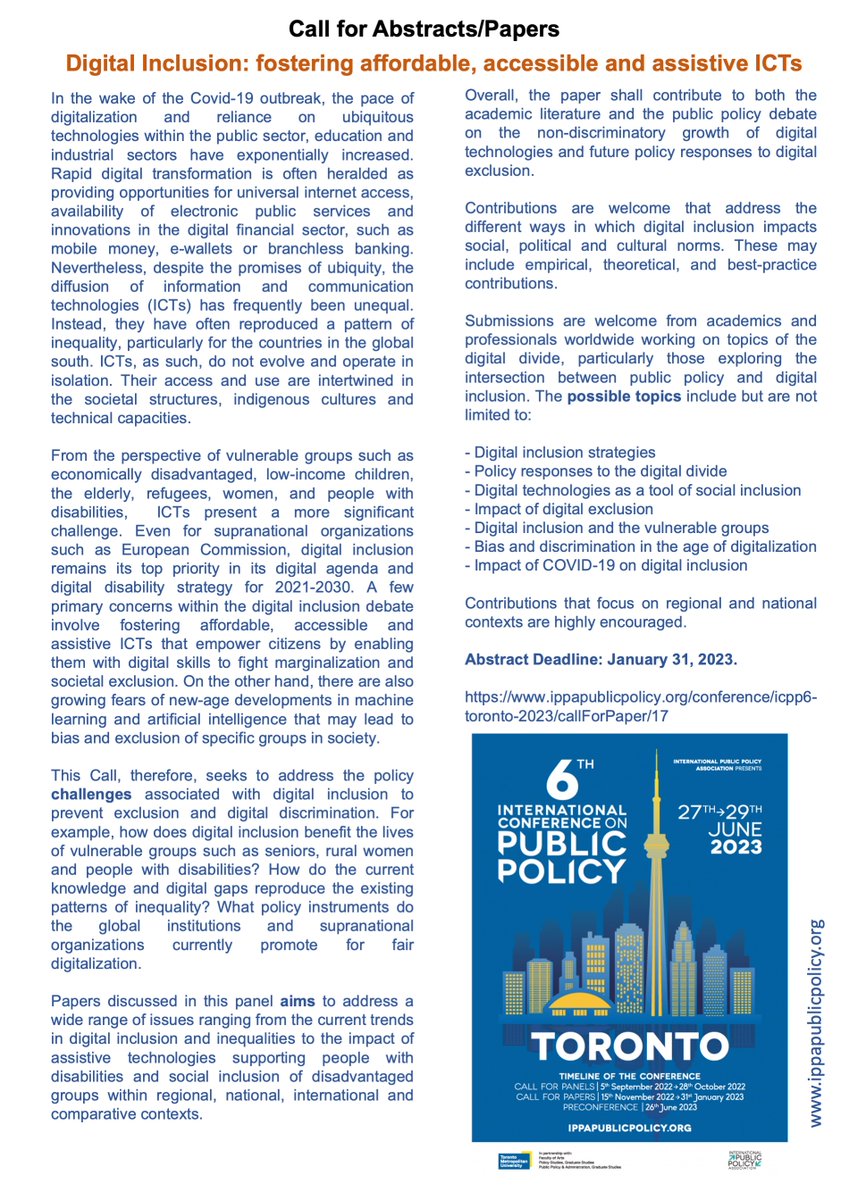 📢Call for Abstracts: Digital Inclusion:fostering affordable, accessible and assistive ICTs

I'll be hosting a panel in the 6th International Conference on Public Policy in Toronto. 
Deadline: 31.01.2023

Feel free to distribute the call among your peers. <a href="/unierfurt/">Universität Erfurt</a> <a href="/BrandtSchool/">Willy Brandt School of Public Policy @unierfurt</a>