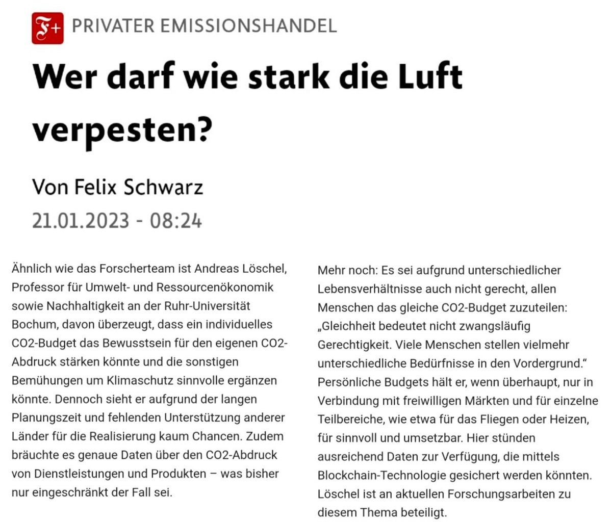 3 t CO2-Budget für jeden? Über den Vorschlag eines privaten #Emissionshandels habe ich mit <a href="/FelixSchwarzFAZ/">Felix Schwarz</a> für die <a href="/faznet/">Frankfurter Allgemeine</a> gesprochen. Besser: bestehenden EU Emissionshandel (ETS2) stärken und CO2 Fußabdrücke sichtbarer machen. faz.net/aktuell/feuill…