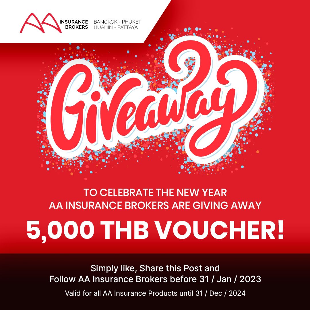 AAInsureBrokers's tweet photo. AA Insurance Brokers are thrilled to announce a special voucher giveaway worth THB 5,000 as a token of our appreciation for your unwavering support.
The winner will be announced on 1st of February 2023.
#giveaway #voucher #aainsurance #thailand #huahin #phuket #pattaya #bangkok https://t.co/XijyhBhsjo