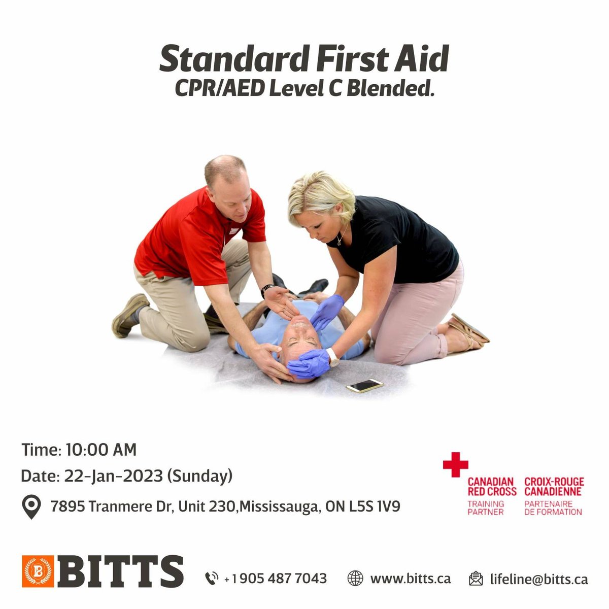 Few Slots Left! 
BITTS Certifications is conducting a #StandardFirstAid Blended session following Sunday.  Book now: bitts.ca/red-cross-cert…
Date: 22-Jan-2023 (Sunday) 
Time: 10:00 AM 
Location: 7895 Tranmere Dr, Unit 230, Mississauga, ON L5S 1V9