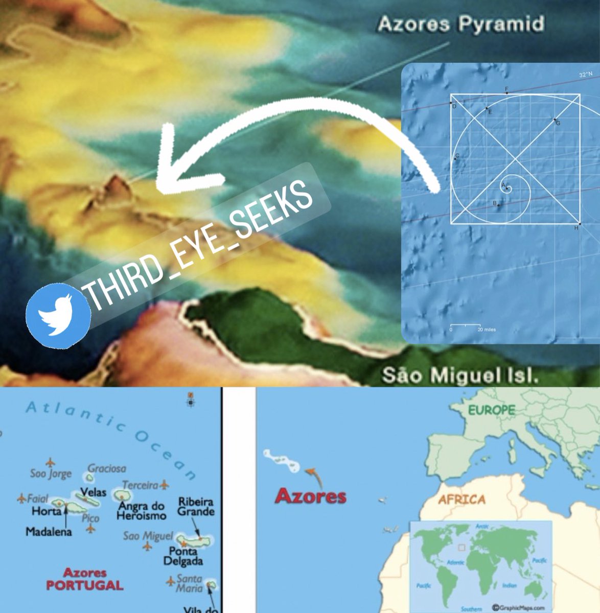 Third_Eye_Seeks's tweet photo. 👀💭 #Fibonacci alignments of the Azores Pyramid & submerged city of
#Poseida. An impressive new discovery in the Azores Islands occurred in early May 2013, video of the sonar data reveals a large #pyramid with 4 perfectly flat faces like those of the Great Pyramid. #Archaeology https://t.co/akwCTKQhoA