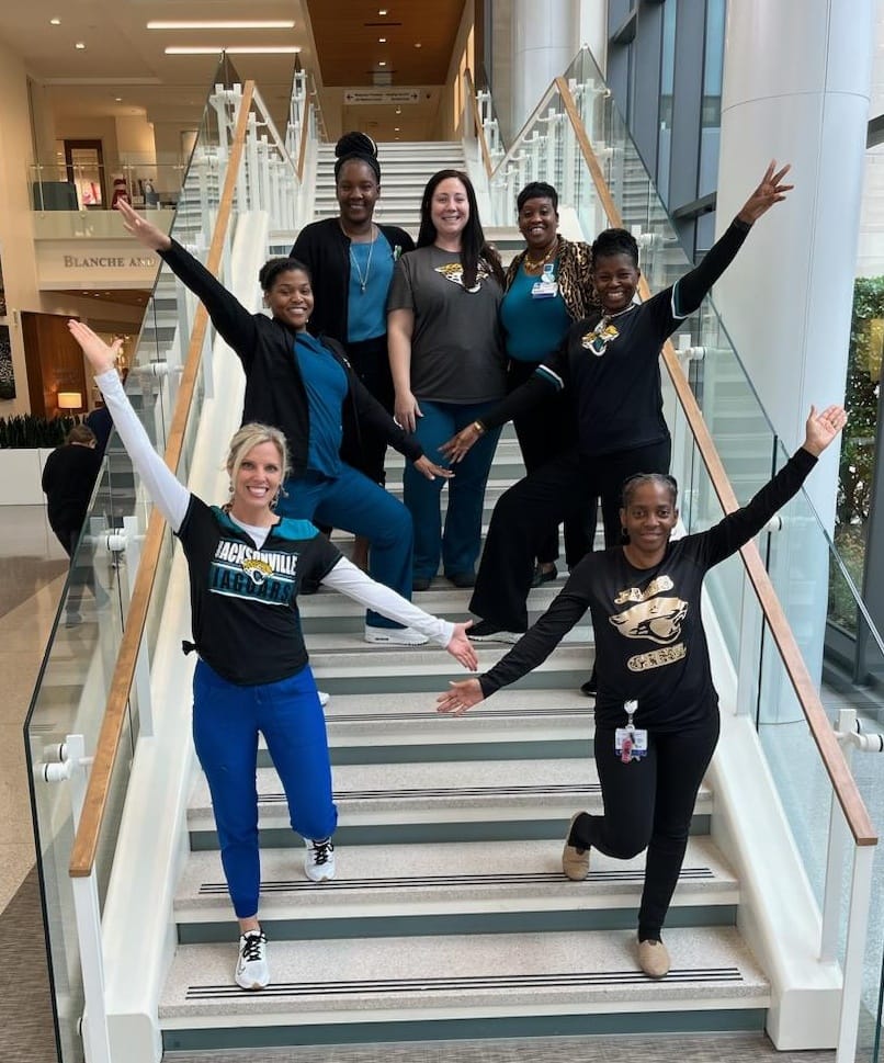 BaptistHealthJx's tweet photo. At Baptist we know... it was always the #Jags. 🐆 Teams across our different campuses and locations have been proudly showing their support for the @Jaguars. 

Let's go #Jaguars! #BeatTheChiefs

#Duuuval #IWATJ #BaptistProud #Jaguars https://t.co/t39pWSepXj