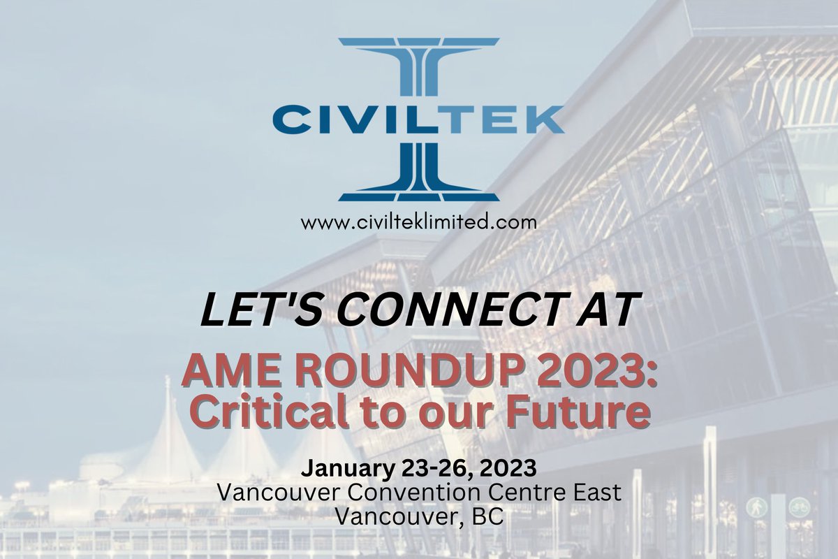 Looking forward to meeting you all at <a href="/AMEroundup/">AME Roundup</a> in Vancouver this week!  <a href="/JeffPortelance/">Jeff Portelance</a> and I will be there as part of Team Civiltek: let’s connect if you’re there! <a href="/AME_BC/">AME</a> #ameroundup2023 #C2F #mining #minerals #innovation