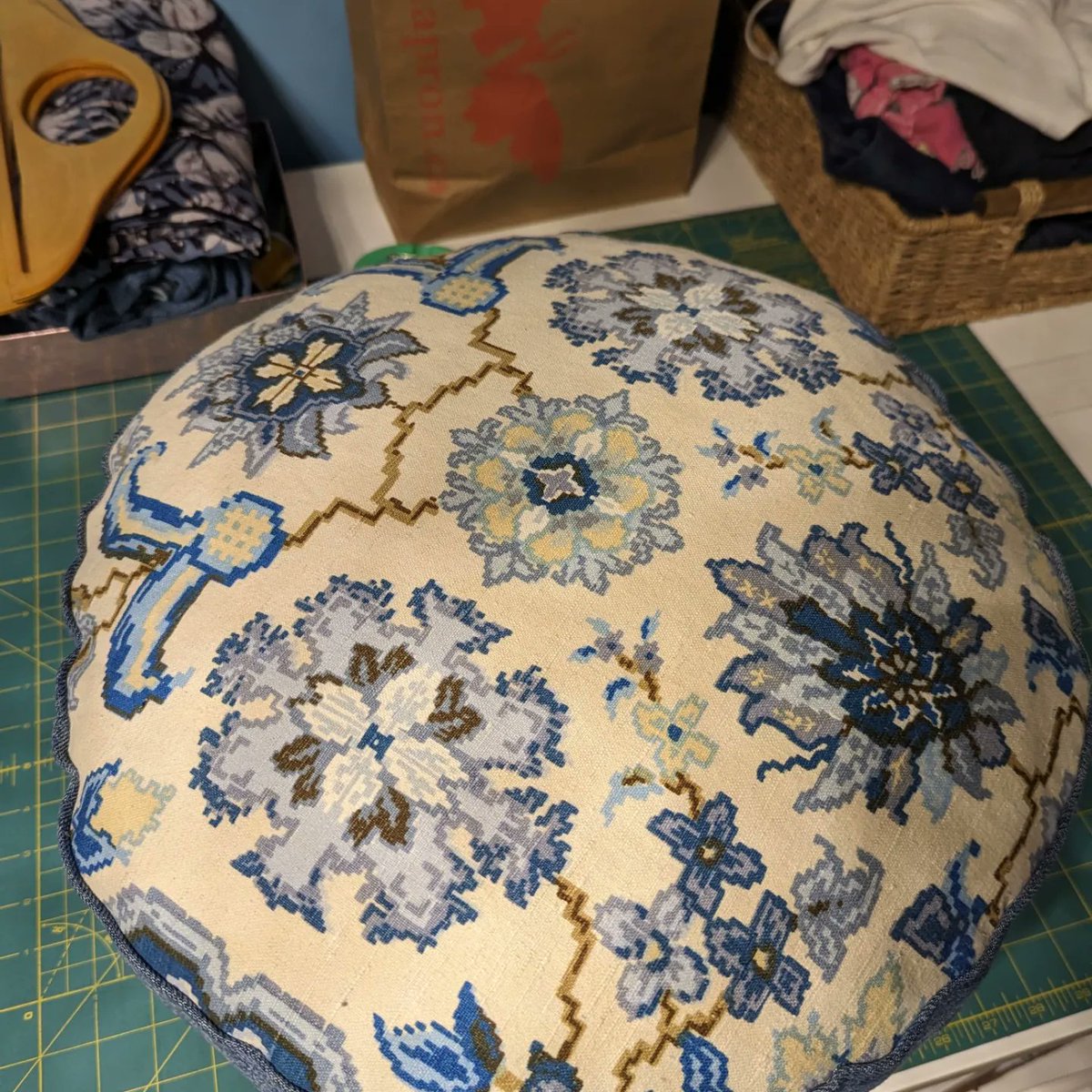 UpcycleTexStyle's tweet photo. I made this lovely little footstool yesterday. Made from recycled jeans, curtain &amp; leather couch.  It's stuffed with discards from sewing and clothing that cannot be repaired! Check out my shop it will be up there soon!

#ottawa #landfilldiversion #zerowaste #restyourfeet https://t.co/ZyQAAtMqQS