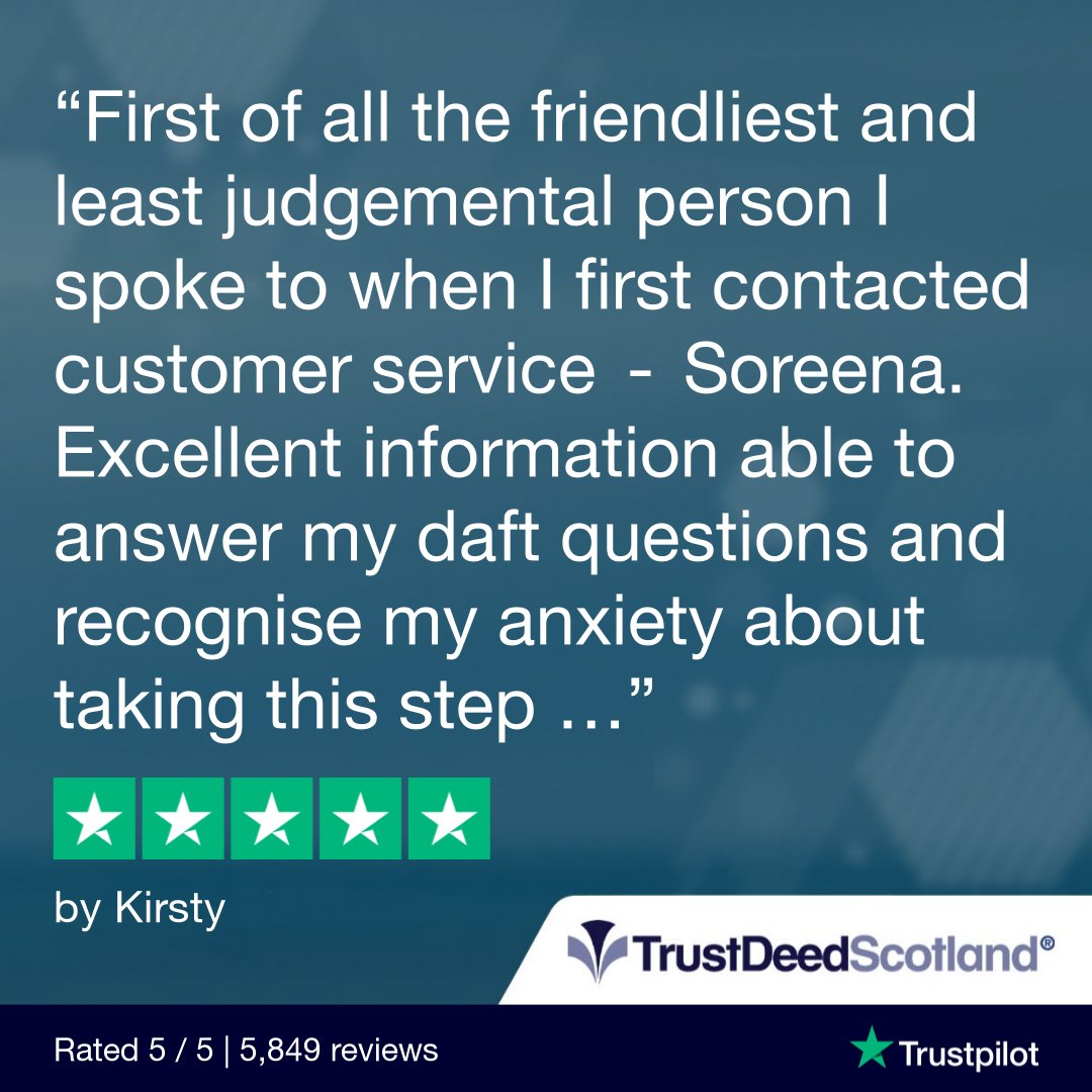 TrustDeedScotl's tweet photo. 🆕Trust Deed Scotland® @Trustpilot review.
★★★★★ by Kirsty.
Read more reviews:
➡️ https://t.co/ftpYfsB9cN
Get started:
➡️ https://t.co/BlktQfMXqe
📞 0141 2210999
#realmoneystories #debtfreestories #lifeafterdebt #trustdeedscotland #protectedtrustdeed #trustdeeds