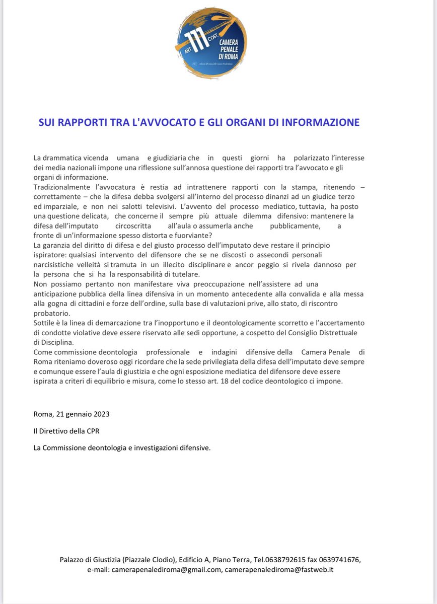Deontologia e rapporto con i media. La nostra Camera Penale interviene sul caso della compianta Collega Scialdone.