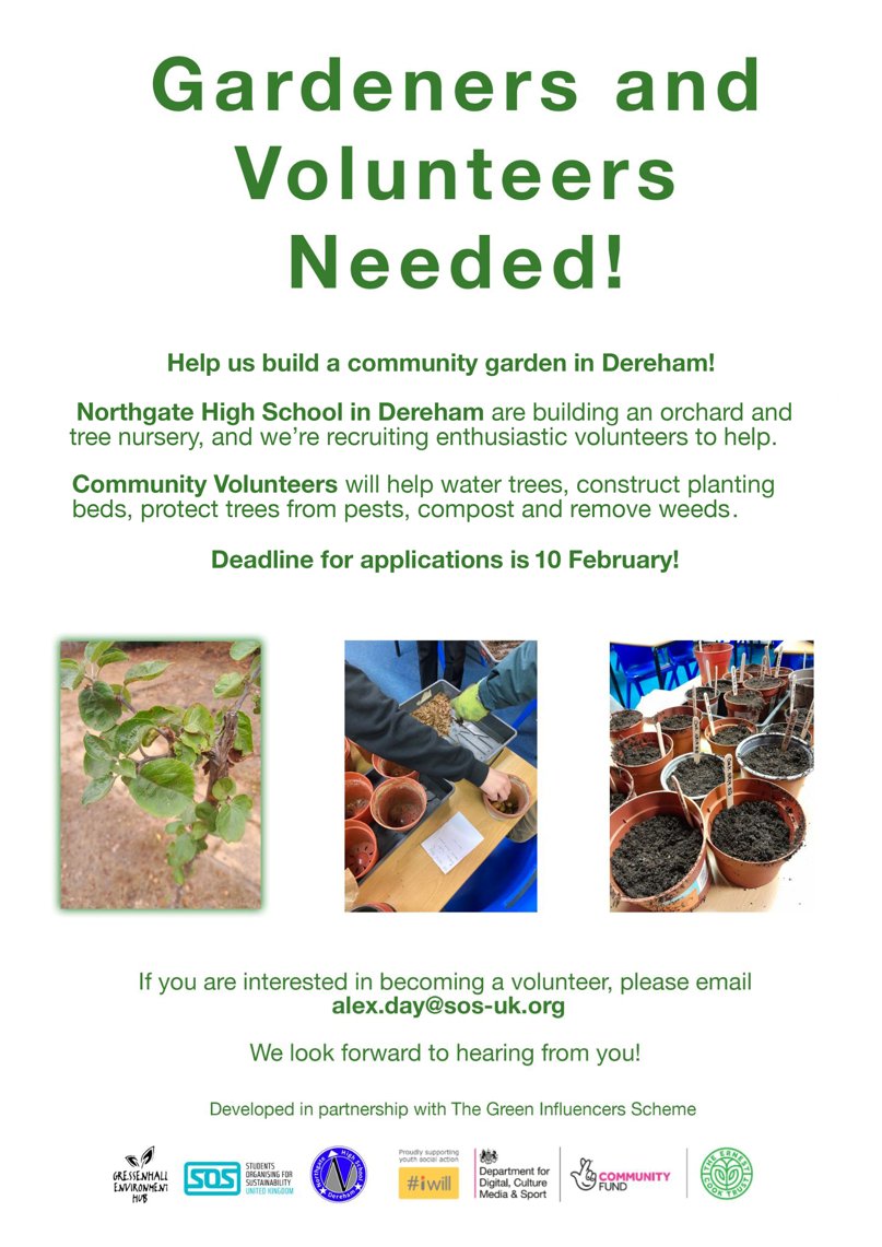We're looking for parents/carers + members of the Dereham Community who would like to #volunteer with our project. Please get in contact with our Green Influencer mentor or email Miss Theobald on ktheobald@ng6.unity-ed.uk if you would like to #getinvolved #treenursery #orchard