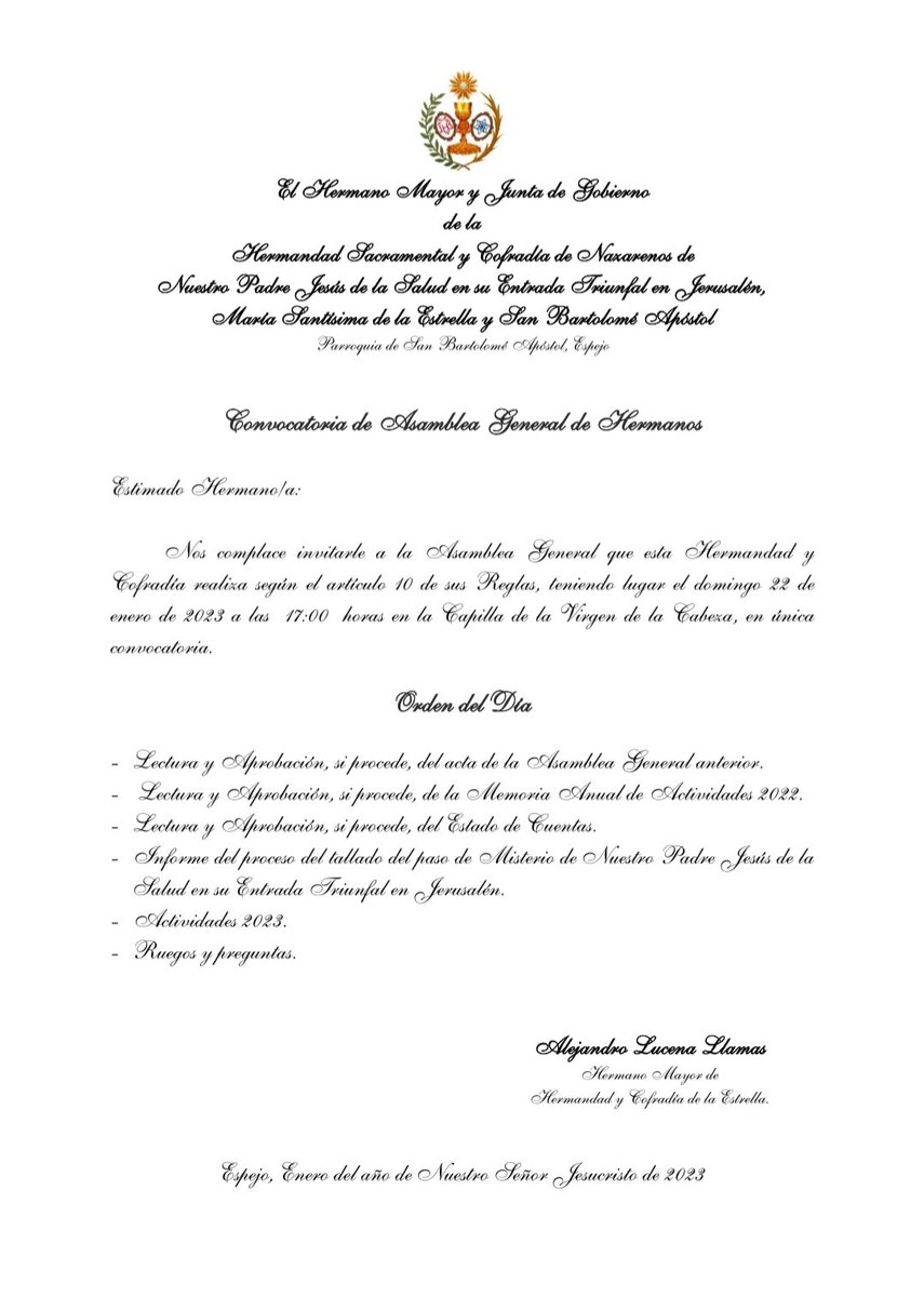 Convocatoria de Asamblea General de Hermanos.

⛪ Capilla de la Virgen de la Cabeza 
📆 Domingo, 22 de enero
🕔 17:00 horas

#hdaddelaestrella #espejo #saludyestrella #estrelladeespejo #estrella #señordelasalud #entradatriunfal #cabildo #asamblea