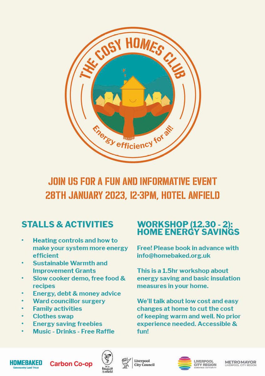 homebakedclt's tweet photo. So much great stuff coming up at our FREE Community Energy Cafe on 28th Jan! Come along and get cosy! #GreenLCR #CosyHomesClub #EnergyEfficiency #WarmHomes #FuelPoverty #CostOfLivingCrisis https://t.co/GoEmd09E5Z