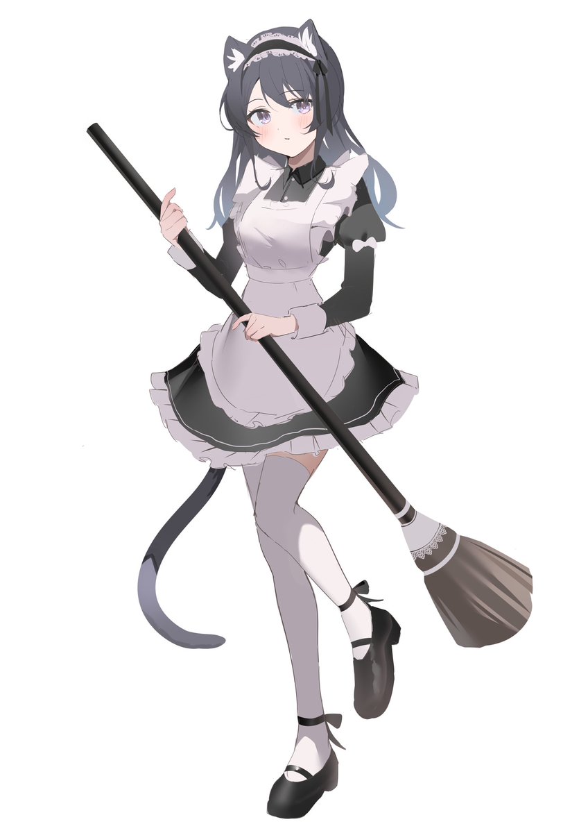 1girl animal ears solo maid tail cat ears broom  illustration images