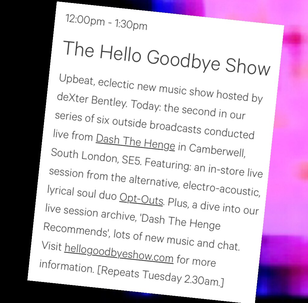 deXterBentley's tweet photo. Today Sat 21st Jan '23 noon - 1.30pm [GMT] on-air @ResonanceFM broadcasting LIVE from @DashTheHenge ft. @optoutslondon #hellogoodbyeshow #resonancefm #dashthehenge #optouts #dexterbentley #fm #radio #london #camberwell #se5 #arts https://t.co/vJ3wwTSPNz
https://t.co/vJ3wwTSPNz https://t.co/ubzzm9qm5e