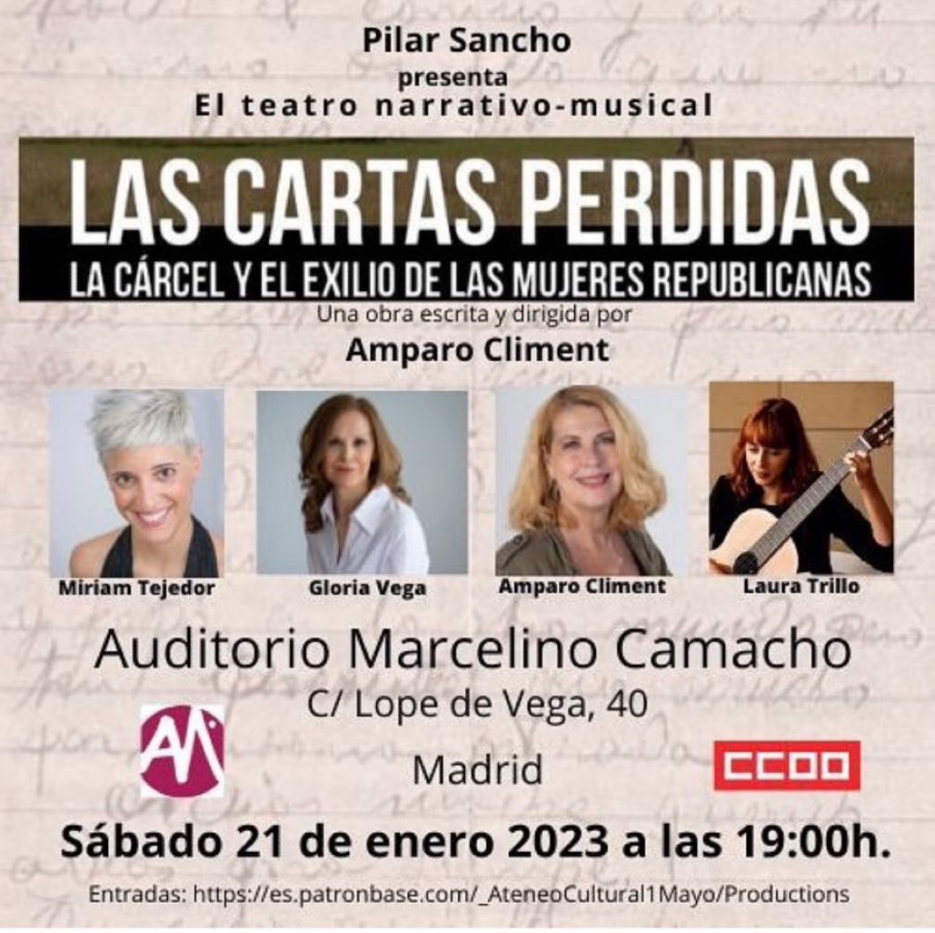 LAS CARTAS PERDIDAS. La CÁRCEL Y EL EXILIO DE LAS MUJERES REPUBLICANAS”

✨NO T LO PIERDAS 

✒️HOY Teatro 
en Madrid “Las cartas perdidas” d <a href="/amparocliment/">Amparo Climent</a> 
en el auditorio Marcelino Camacho d <a href="/CCOO/">Comisiones Obreras</a> 

NO AL OLVIDO/DIFUNDE 
#ComparteCultura 
#lascartasperdidas
#memoriademocratica
