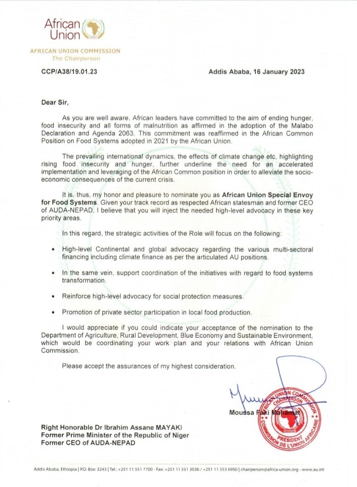 My warmest congratulation &amp; welcome to my brother Dr. Ibrahim Mayaki <a href="/NEPAD_Mayaki/">Ibrahim Mayaki</a> upon your nomination as <a href="/_AfricanUnion/">African Union</a> Special Envoy for Food Systems.Your great leadership &amp; vision continues to be an asset in the transformation of #FoodSystems &amp; #agriculture on the continent.