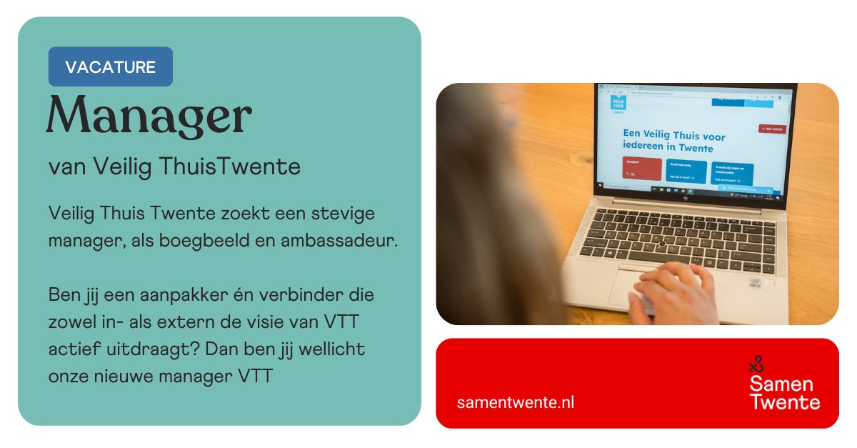 Word jij de nieuwe manager van Veilig Thuis Twente?
#vacature bit.ly/3WrKT2H

Als manager schep jij de randvoorwaarden voor de professionals om hun werk optimaal te kunnen uitvoeren. Je draagt zowel in- als extern de visie van VTT actief uit.

Word het boegbeeld van VTT