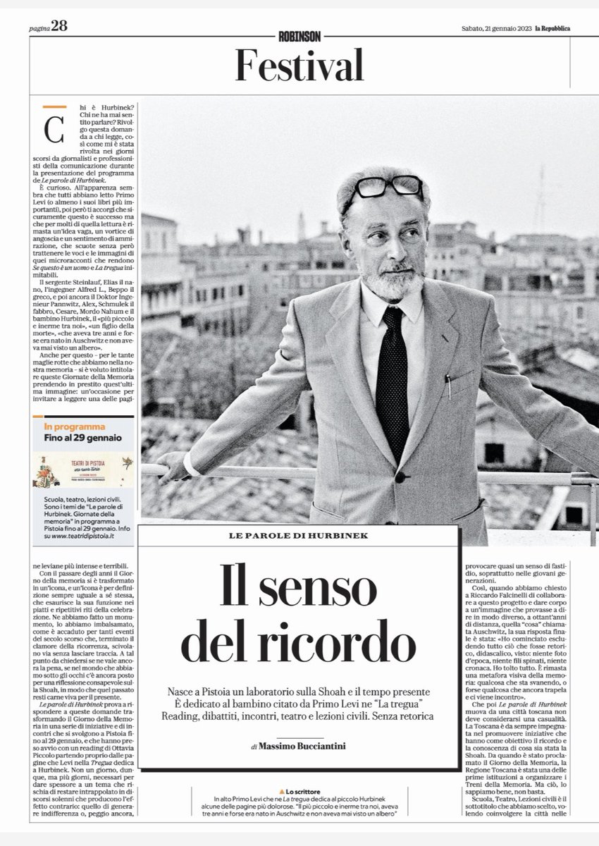 FrascaValeria1's tweet photo. Oggi su la Repubblica Robinson leggete il pezzo di Massimo Bucciantini sul senso del ricordo in occasione di “Le parole di Hurbinek” rassegna sul giorno della memoria che si svolge a Pistoia fino al 29 gennaio. @Robinson_Rep @teatridipistoia https://t.co/6XOAuex0bU