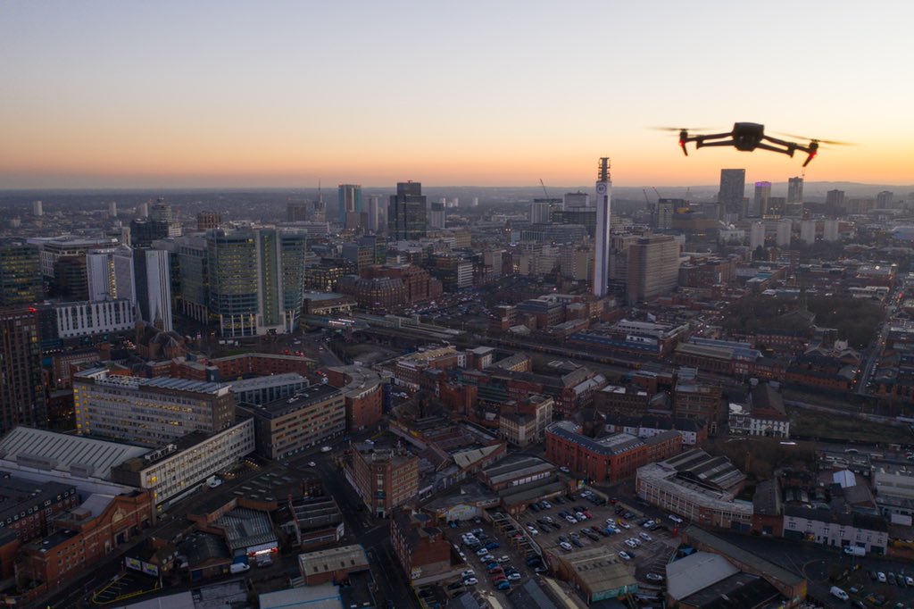 Drone to drone filming yesterday with <a href="/Lenslifters/">Lenslifters</a> in Birmingham. 

Great to work with you! 

#dronefilming #tvproduction #droneshot #birmingham #sunset