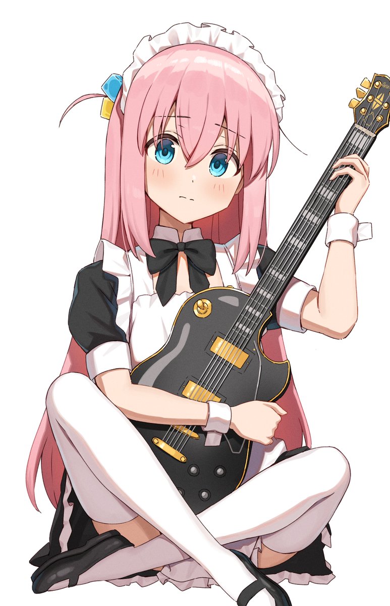 gotou hitori 1girl solo guitar pink hair cube hair ornament maid headdress instrument  illustration images