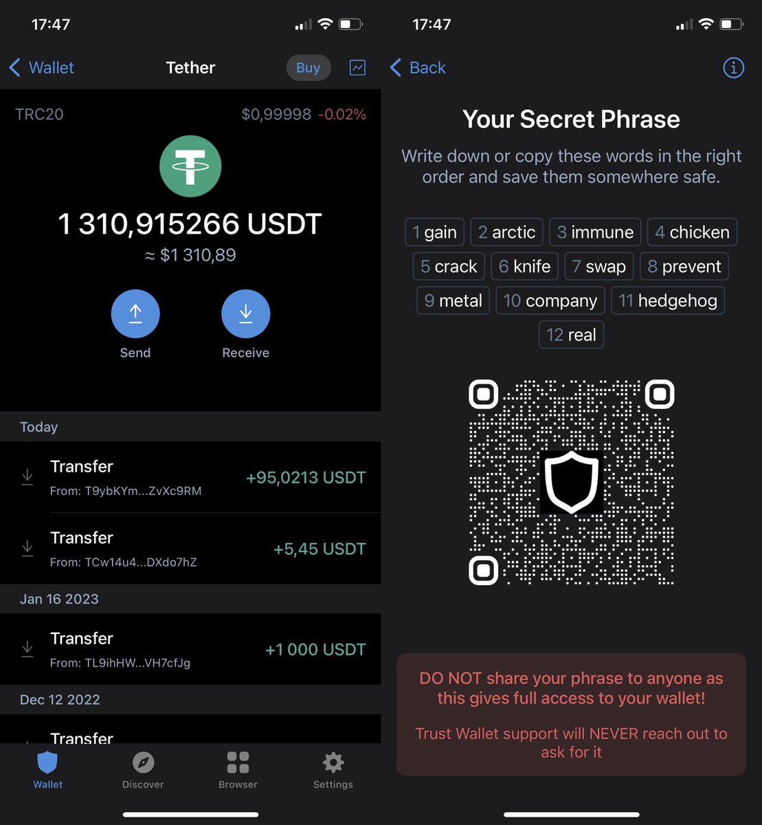 JoshKepper's tweet photo. Somebody withdrawn some USDT from my Trust wallet using this seed phrase 😱

Passive income with Trust wallet, leave a comment if you are good at SMM

#usdt #crypto #bitcoin #ethereum #money https://t.co/qYkI8UH6qF
