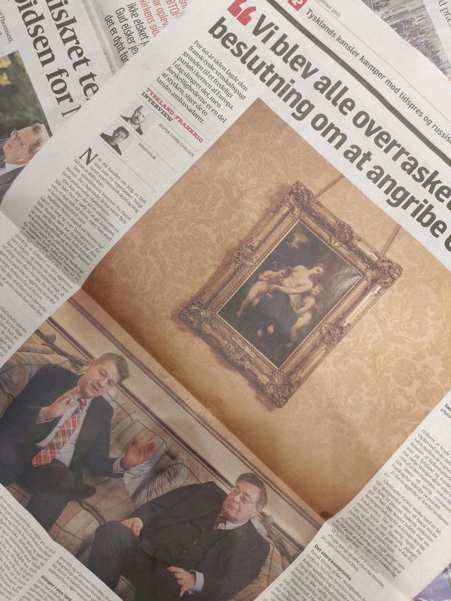 Hemmeligheden i det 🇫🇷/🇩🇪 venskab? Få svaret i fællesinterviewet med min gode kollega @ambparisot i <a href="/politiken/">Politiken</a>. Vi ser tilbage på 60 år #TraitédelÉlysée, 🇪🇺 samarbejde i dag og 🇺🇦. På side 10 i dagens 🗞️ eller: t1p.de/cbeaz 
#60ans60jahre