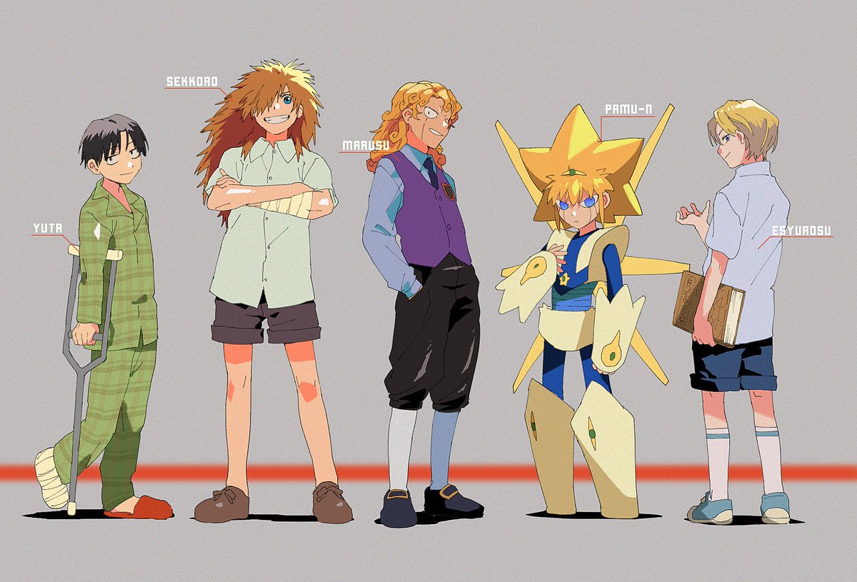 multiple boys blonde hair shorts black hair bandages smile blue eyes  illustration images