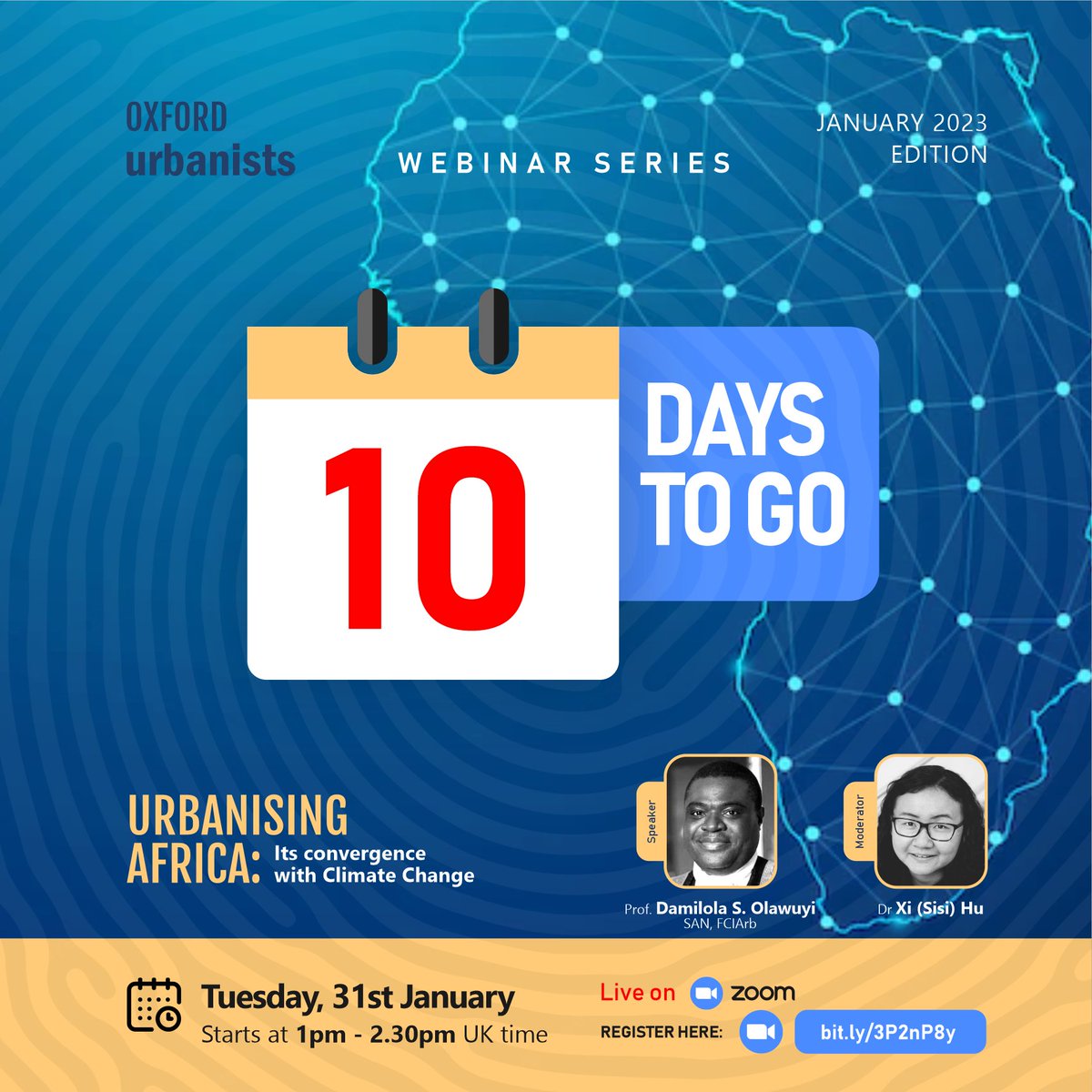 10 days to go, as we discuss if #urbanisation will undermine #Africa adaptation efforts to #climatechange

Join us on January 31st with <a href="/dsolawuyi/">Damilola S. Olawuyi, SAN, FCIArb</a>   and Xi (Sisi) Hu by registering here: bit.ly/3P2nP8y

#cities #climateaction #climate