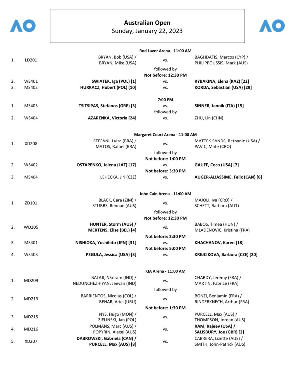 Michal Samulski on Twitter: "Sunday schedule (all courts) #AusOpen  https://t.co/5RL51Y51ny" / Twitter
