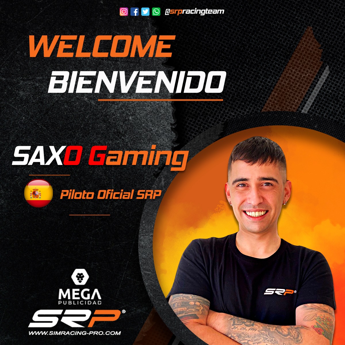 SRPracingteam's tweet photo. 📝 Nuevo Fichaje / new signing 📝

🟠 Nuevo piloto que se une a las filas de SRP!!!! 
Estamos encantados de presentar a:

🇪🇸 SAXO GAMING >> @saxogaming ! 

 https://t.co/bk9gmPBXp5

Bienvenido/Welcome 🎉

@SRPsimracingpro https://t.co/UlAS5u07xp