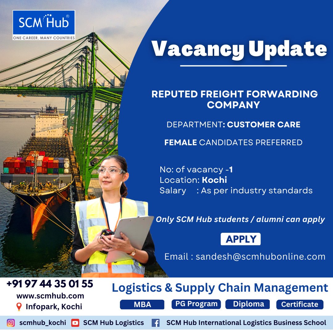 hub_scm's tweet photo. Vacancy Update πΌ
β
MBA β
PG Program β
Diploma β
Certificate Courses
For course-related info, Contact: βοΈ +91 97443 50155/56
π Keralaβs #1 Logistics Training Institute with both Student & Corporate Level Training Programs
#SCMHubKochi #SCMHub #LogisticsInstitute https://t.co/TOkw9SlHqy