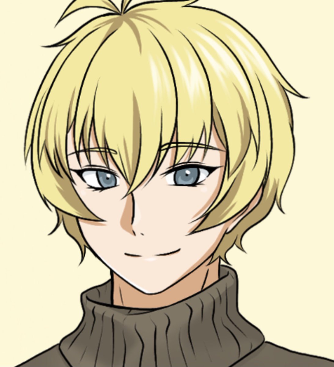 1boy blonde hair male focus solo smile simple background sweater  illustration images