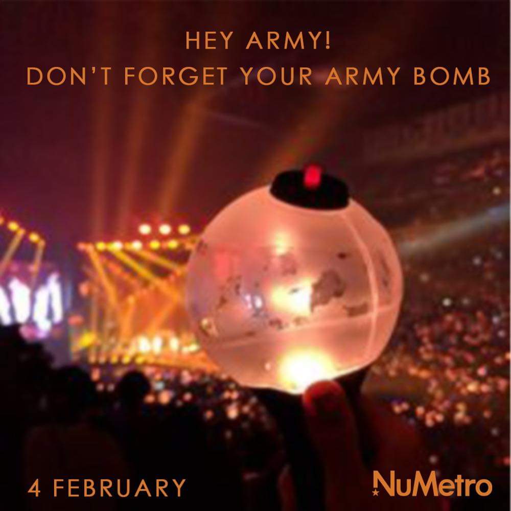 numetro's tweet photo. Hey Army 🤩 do you have your army bombs ready ? We’re getting closer to the event. Get your tickets to Xperience ‘BTS: Yet To Come’ from the 1st of February

BOOK NOW >>> https://t.co/nxmUKt8sVX

#NuMetro #YetToCome @BTSArmyZA #Concert https://t.co/y54D1HEDP0