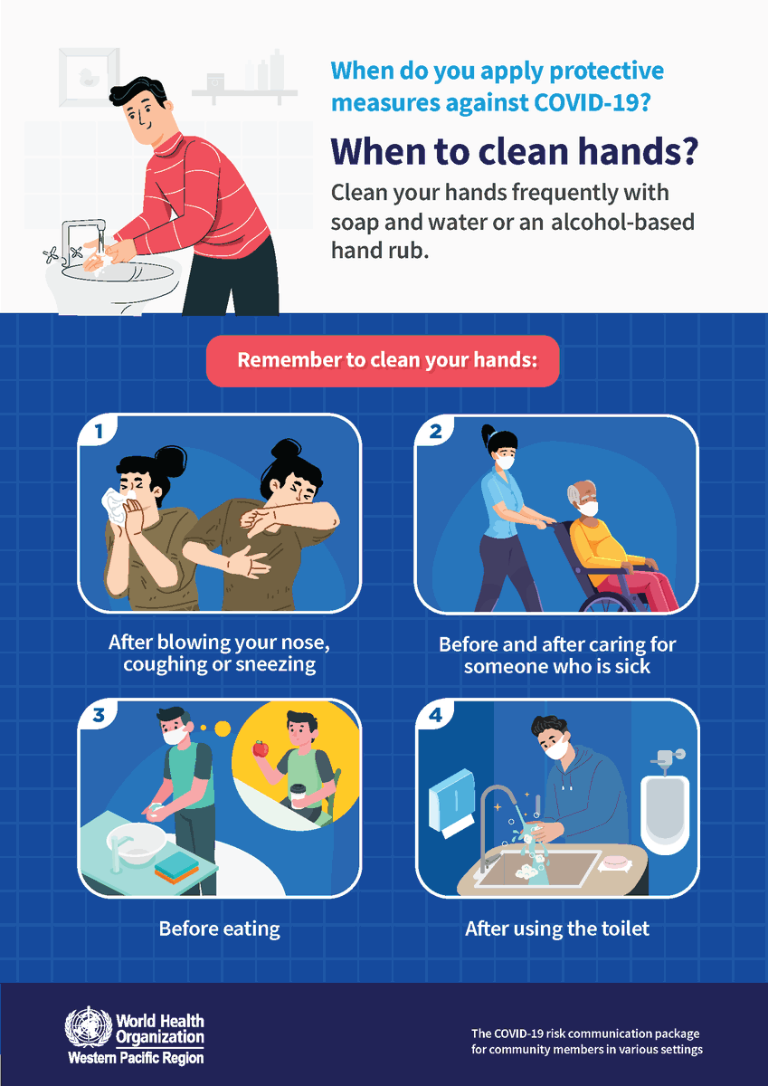 WHOWPRO's tweet photo. When should you clean your hands? 

🤧After blowing your nose, coughing or sneezing 
🤒Before and after caring for someone who is sick  
🍴Before eating 
🚽After using the toilet https://t.co/t38hp3klXZ
