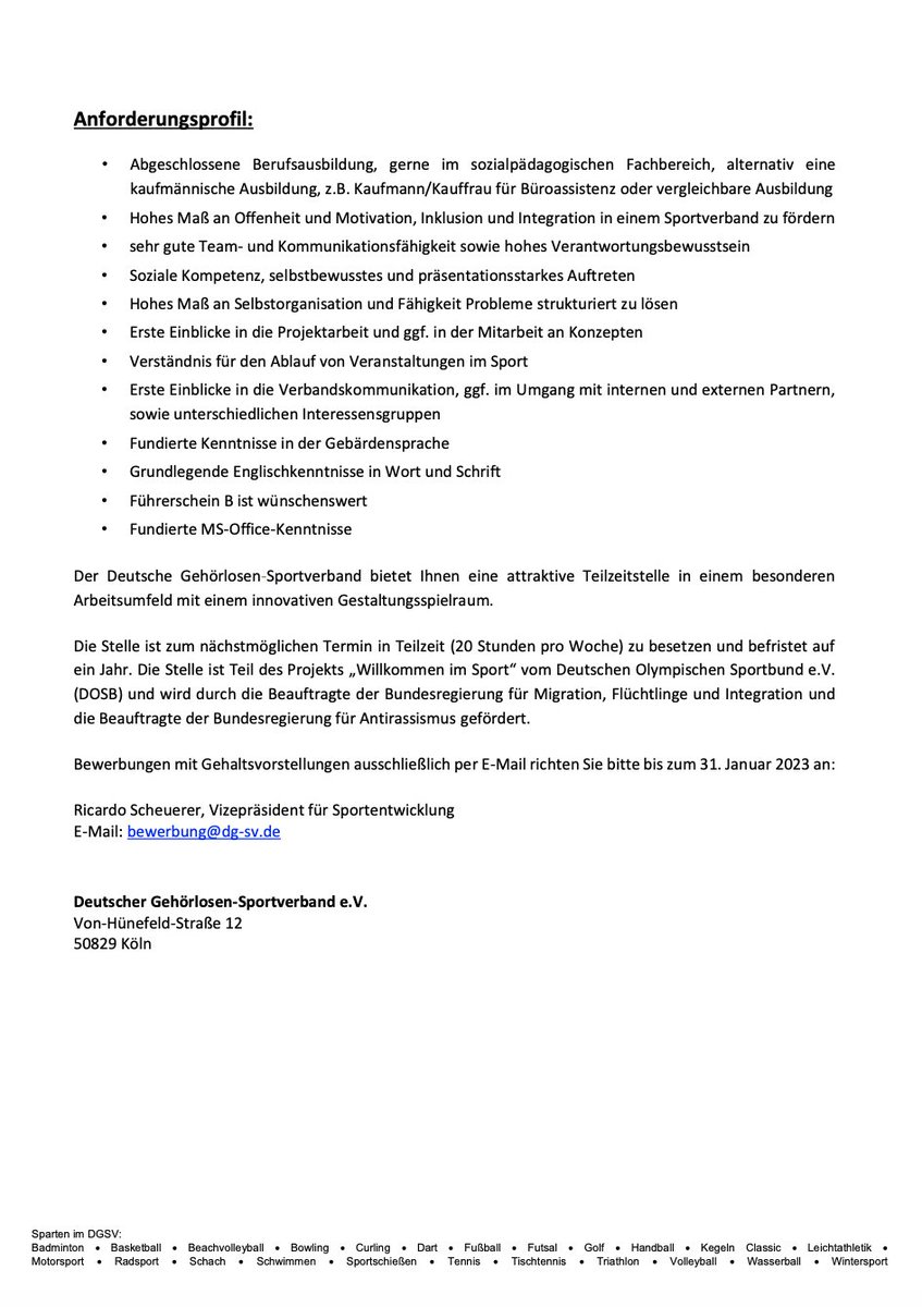 Stellenausschreibung bei der DGSV.
Wir haben eine Stelle zu besetzen.

#Stellenangebot #sport #Jobs #migration #taub