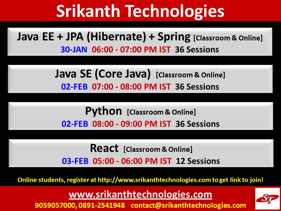 srikanthpragada's tweet image. Will start  #JavaEE + JPA (Hibernate) + Spring, #JavaSE, #Python and #React courses.

Please visit srikanthtechnologies.com for more details. 

#FrontEndDeveloper #pythonprogramming #java #javascript #springboot #programming #coding #onlinecourse  #mysql