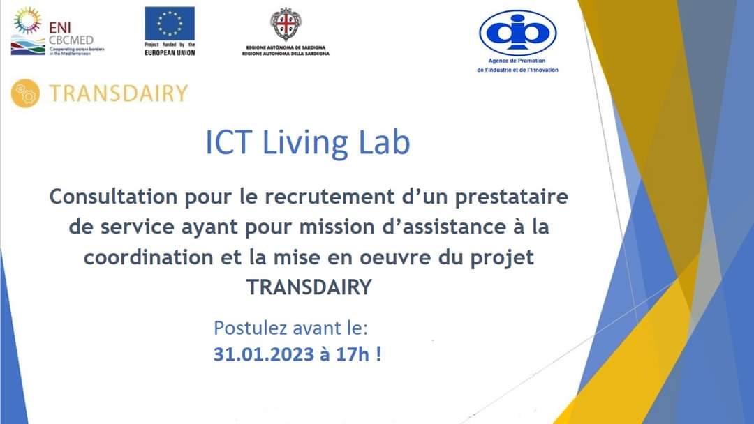 TransdairyP's tweet photo. Vous êtes un prestataire de service ❓
✅✅ Postulez pour cette consultation lancée par l' APII partenaire du projet #TRANSDAIRY @ENICBCMed.
📅Postulez avant le 31.01.2023 à 17h!
Pour plus de détails, consultez le lien suivant :
https://t.co/n25XPg2Nkq https://t.co/gyV4htHKml